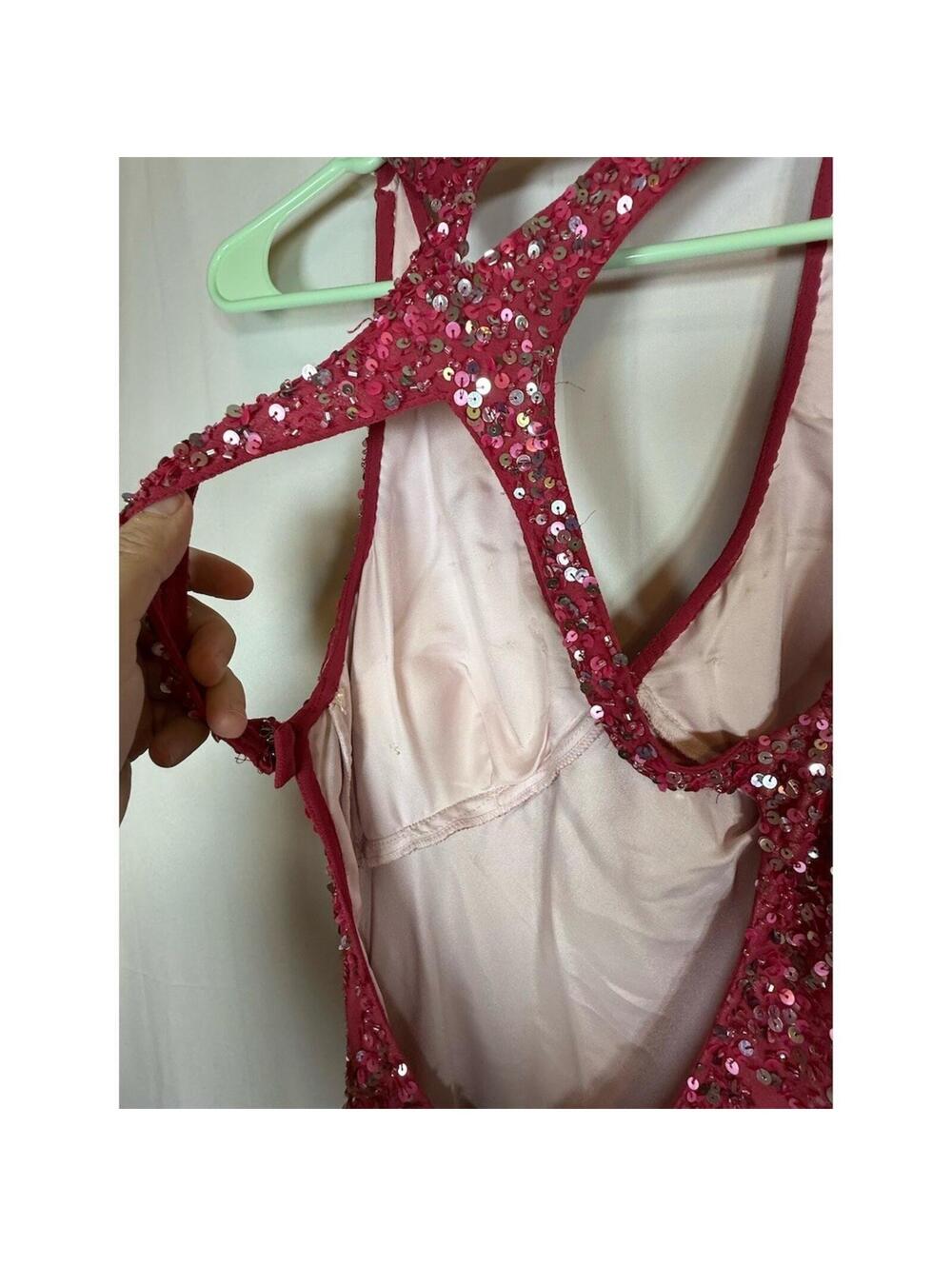 Adrianna Papell Gown Womens Size 8 Pink Sequin Halter Maxi Deep V Back Cutout - Picture 10 of 16